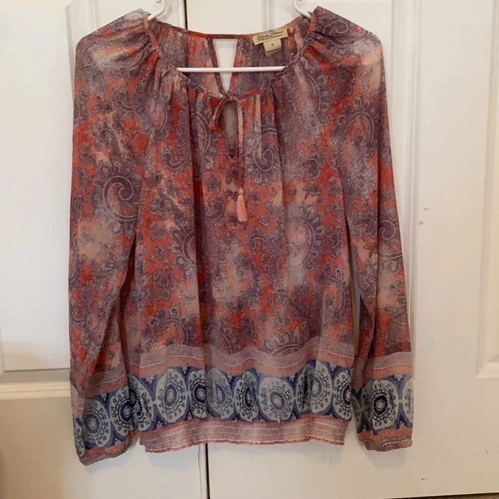 Lucky Paisley, peasant, blouse size Small orange Boho long sleeve lightweight